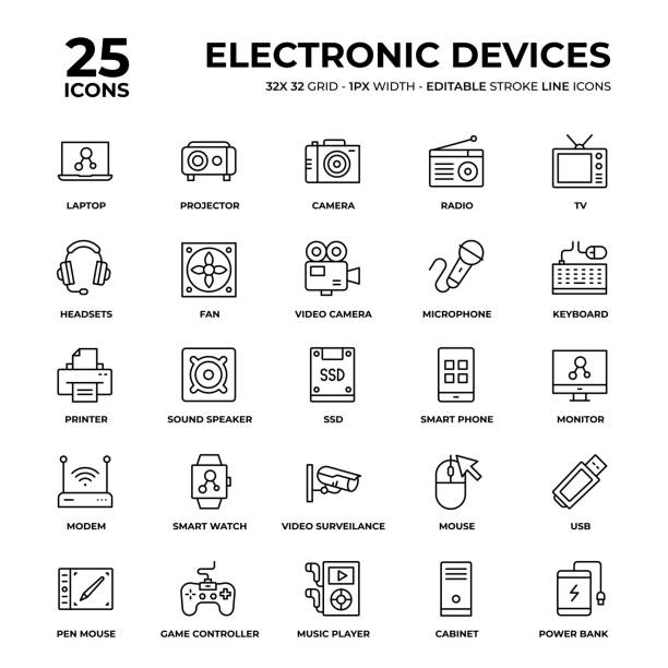 ilustraciones, imágenes clip art, dibujos animados e iconos de stock de conjunto de iconos de línea de dispositivos electrónicos - vídeo equipo eléctrico