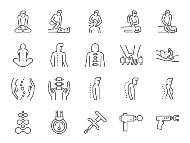zestaw ikon linii chiropraktyki. zawierał ikony jako kręgarz, leczenie spline, masaż, osteopata, osteopatia, regeneracja stawów i inne. - baseline stock illustrations