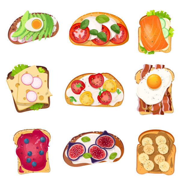 ilustraciones, imágenes clip art, dibujos animados e iconos de stock de juego de diferentes tostadas con varias coberturas - bruschetta buffet party food