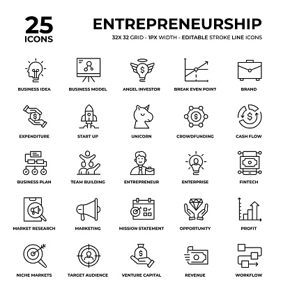 Entrepreneurship Vector Style Thin Line Icons on a 32 pixel grid with 1 pixel stroke width. Unique Style Pixel Perfect Icons can be used for infographics, mobile and web and so on.