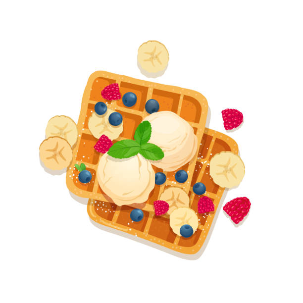 ilustraciones, imágenes clip art, dibujos animados e iconos de stock de gofres belgas con helado y frutas - waffle belgian waffle breakfast fruit