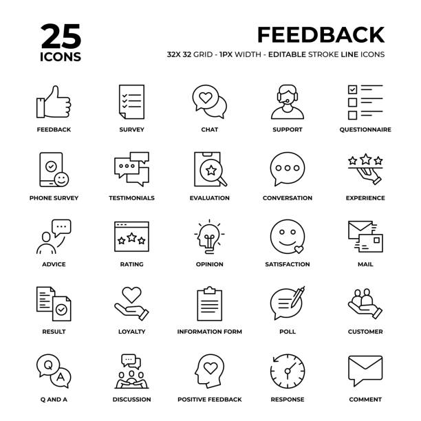 Feedback Line Icon Set Feedback Vector Style Thin Line Icons on a 32 pixel grid with 1 pixel stroke width. Unique Style Pixel Perfect Icons can be used for infographics, mobile and web and so on. frequently asked questions stock illustrations
