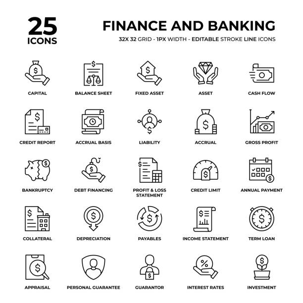 Finance And Banking Line Icon Set Finance And Banking Vector Style Thin Line Icons on a 32 pixel grid with 1 pixel stroke width. Unique Style Pixel Perfect Icons can be used for infographics, mobile and web and so on. financial statement stock illustrations