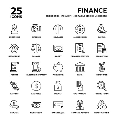 Finance Vector Style Thin Line Icons on a 32 pixel grid with 1 pixel stroke width. Unique Style Pixel Perfect Icons can be used for infographics, mobile and web and so on.