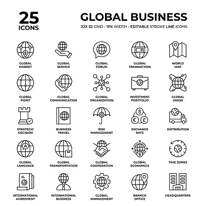Global Business Vector Style Thin Line Icons on a 32 pixel grid with 1 pixel stroke width. Unique Style Pixel Perfect Icons can be used for infographics, mobile and web and so on.