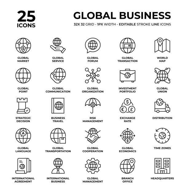 Global Business Line Icon Set Global Business Vector Style Thin Line Icons on a 32 pixel grid with 1 pixel stroke width. Unique Style Pixel Perfect Icons can be used for infographics, mobile and web and so on. global finance stock illustrations