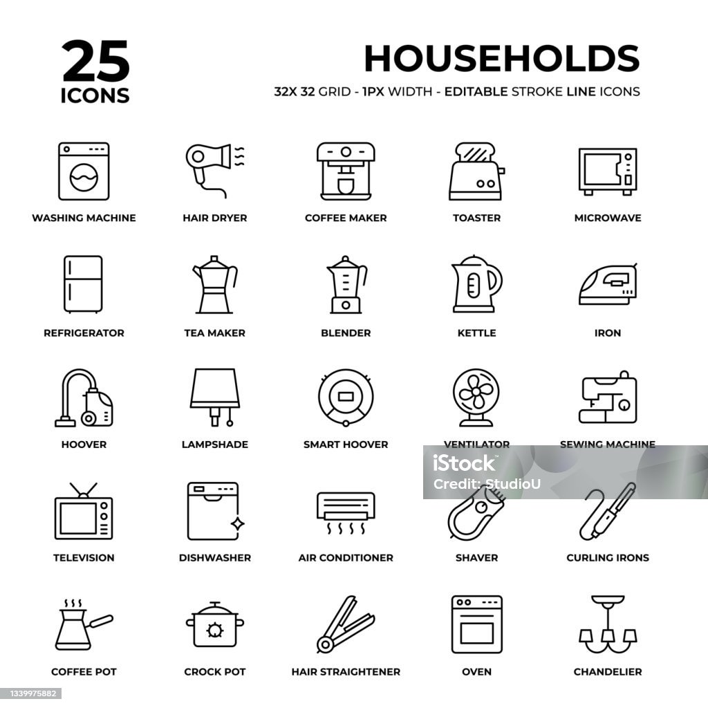 Households Line Icon Set - Royalty-free Símbolo de ícone arte vetorial