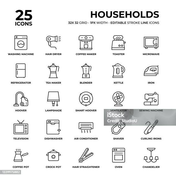 Households Line Icon Set - Arte vetorial de stock e mais imagens de Símbolo de ícone - Símbolo de ícone, Vetor, Cursor editável