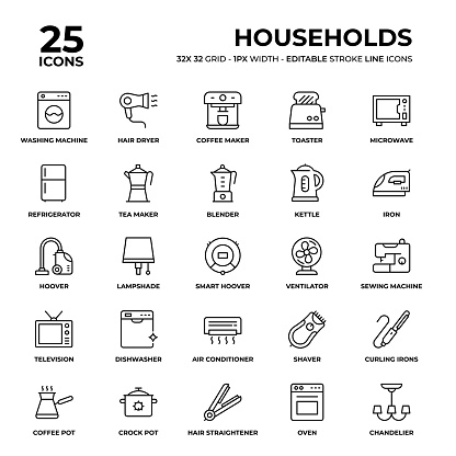 Households Vector Style Thin Line Icons on a 32 pixel grid with 1 pixel stroke width. Unique Style Pixel Perfect Icons can be used for infographics, mobile and web and so on.
