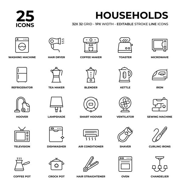 Households Line Icon Set Households Vector Style Thin Line Icons on a 32 pixel grid with 1 pixel stroke width. Unique Style Pixel Perfect Icons can be used for infographics, mobile and web and so on. iron appliance stock illustrations