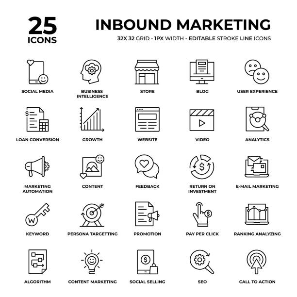 Inbound Marketing Line Icon Set Inbound Marketing Vector Style Thin Line Icons on a 32 pixel grid with 1 pixel stroke width. Unique Style Pixel Perfect Icons can be used for infographics, mobile and web and so on. selling designs stock illustrations
