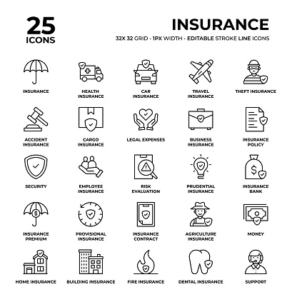 Insurance Vector Style Thin Line Icons on a 32 pixel grid with 1 pixel stroke width. Unique Style Pixel Perfect Icons can be used for infographics, mobile and web and so on.