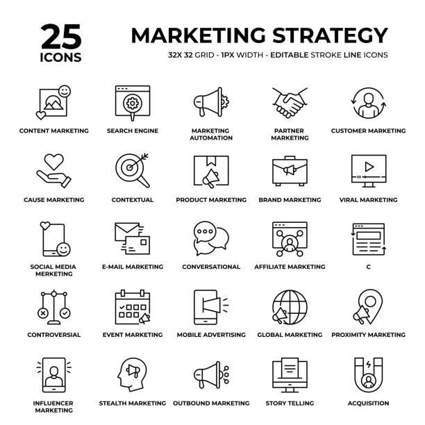 마케팅 전략 라인 아이콘 세트 - social media marketing branding sign stock illustrations