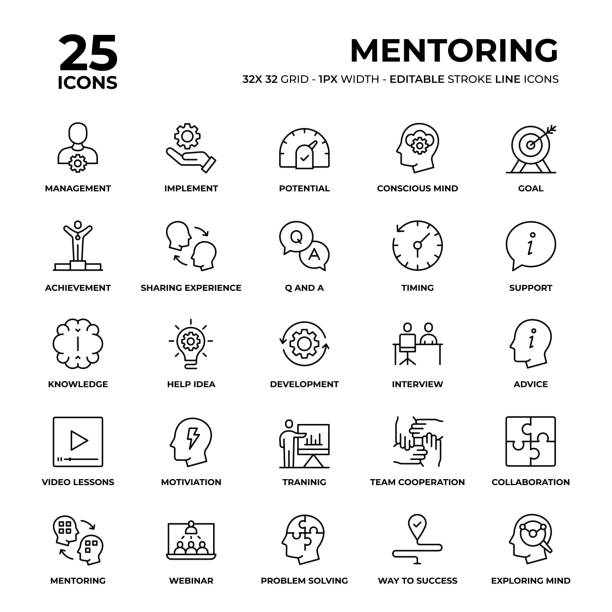 Mentoring Line Icon Set Mentoring Vector Style Thin Line Icons on a 32 pixel grid with 1 pixel stroke width. Unique Style Pixel Perfect Icons can be used for infographics, mobile and web and so on. mentorship stock illustrations