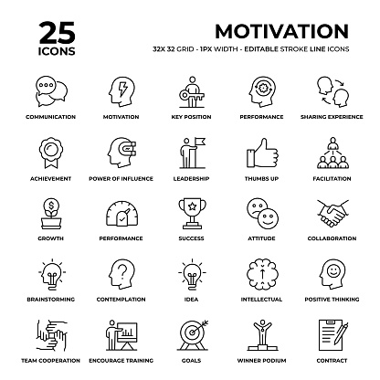 Motivation Vector Style Thin Line Icons on a 32 pixel grid with 1 pixel stroke width. Unique Style Pixel Perfect Icons can be used for infographics, mobile and web and so on.
