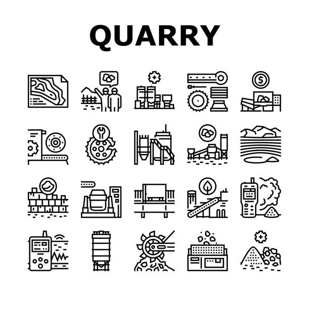 Quarry Mining Industrial Process Icons Set Vector Quarry Mining Industrial Process Icons Set Vector. Quarry Mining Equipment And Machine Technology, Industry Iron And Coal Processing Line. Vibration Assessment Device Black Contour Illustrations mining natural resources stock illustrations