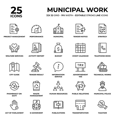 Municipal Work Vector Style Thin Line Icons on a 32 pixel grid with 1 pixel stroke width. Unique Style Pixel Perfect Icons can be used for infographics, mobile and web and so on.