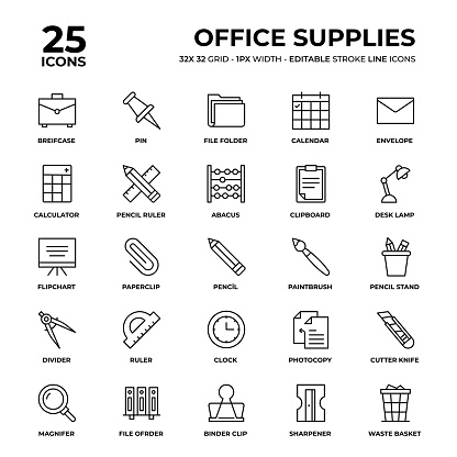 Office Supplies Vector Style Thin Line Icons on a 32 pixel grid with 1 pixel stroke width. Unique Style Pixel Perfect Icons can be used for infographics, mobile and web and so on.