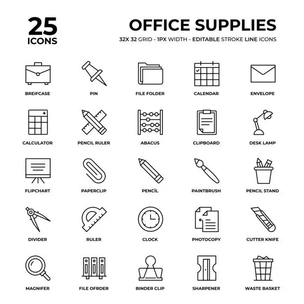 Vector illustration of Office Supplies Line Icon Set