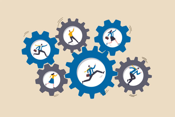 istock Teamwork collaborate to achieve business goal, team members help and support, cooperate or partnership concept, businessman and woman running on cogwheel or gears rotate in sync to get work done. 1339977547