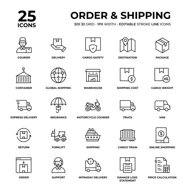 ilustraciones, imágenes clip art, dibujos animados e iconos de stock de conjunto de iconos de pedido y línea de envío - document shipping freight transportation form