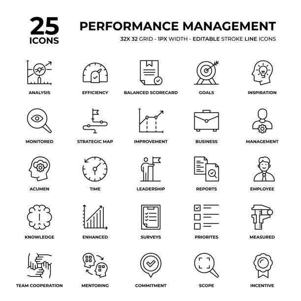 performance management line icon set - spielprotokoll stock-grafiken, -clipart, -cartoons und -symbole