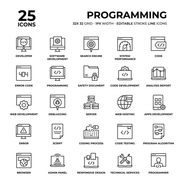 Programming Line Icon Set Programming Vector Style Thin Line Icons on a 32 pixel grid with 1 pixel stroke width. Unique Style Pixel Perfect Icons can be used for infographics, mobile and web and so on. programming language icons stock illustrations