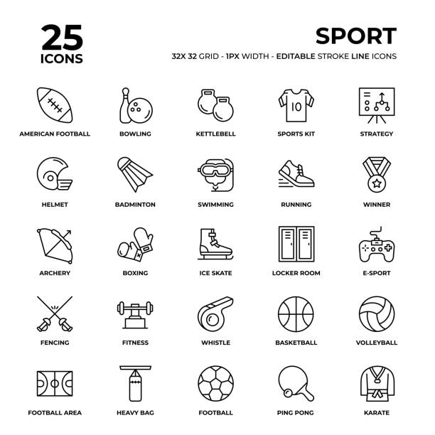 Sport Line Icon Set Sport Vector Style Thin Line Icons on a 32 pixel grid with 1 pixel stroke width. Unique Style Pixel Perfect Icons can be used for infographics, mobile and web and so on. football locker room stock illustrations
