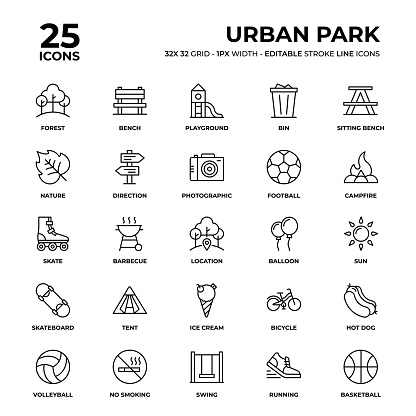 Urban Park Vector Style Thin Line Icons on a 32 pixel grid with 1 pixel stroke width. Unique Style Pixel Perfect Icons can be used for infographics, mobile and web and so on.