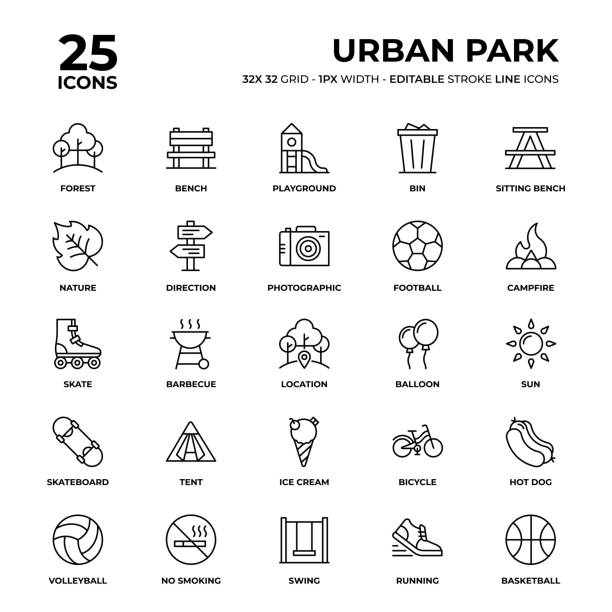 Urban Park Line Icon Set Urban Park Vector Style Thin Line Icons on a 32 pixel grid with 1 pixel stroke width. Unique Style Pixel Perfect Icons can be used for infographics, mobile and web and so on. black and white bench stock illustrations