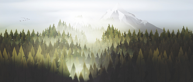 istock Camp poster with pine forest, and mountains 1339979862
