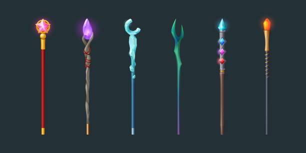 Set of magic staff, walk sticks or wands with gems Set of magic staff, walk sticks or wands with glow gems, frozen ice crystal and pink glass star. Magician weapon rods for sorcerers, rpg fantasy game assets and equipment, Cartoon vector illustration stick plant part stock illustrations