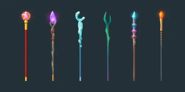 Vector illustration of Set of magic staff, walk sticks or wands with gems