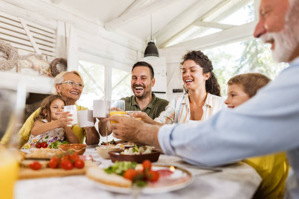 istock Happy extended family toasting during a meal at dining table. 1339985212