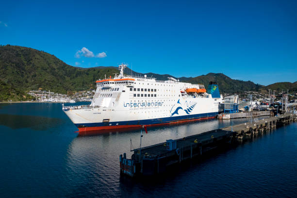 Interislander Ferry in Picton, New Zealand Picton, New Zealand - 25 June, 2019: Interislander Ferry ready for departure in Picton Port, New Zealand picton new zealand stock pictures, royalty-free photos & images