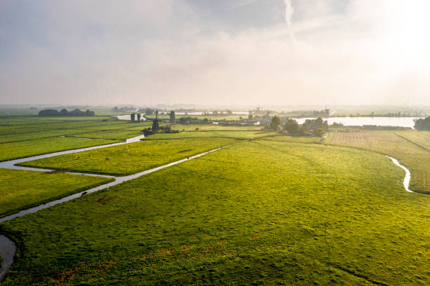 풍차와 초원이 있는 전형적인 네덜란드 풍구 풍경 위의 일출 - polder field meadow landscape 뉴스 사진 이미지