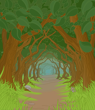 A fairytale fantasy magic woodland forest trees tunnel background landscape scene