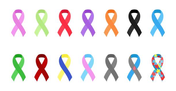 illustrazioni stock, clip art, cartoni animati e icone di tendenza di set di nastri di consapevolezza. simbolo di sostegno e solidarietà. cancro, autismo, salute mentale, diabete. collezione di elementi di design vettoriale - aids awareness ribbon ribbon bow cut out