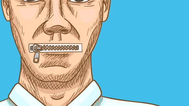 The man s mouth is closed with a zipper. Business metaphor. The face of a person who can t talk because his mouth is locked. closed mouth stock illustrations