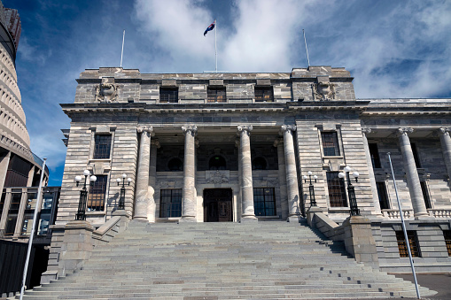 Wellington, New Zealand - 23 October, 2020: Exterior view the main parliament building of New Zealand.