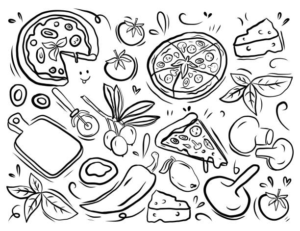 illustrazioni stock, clip art, cartoni animati e icone di tendenza di pizza concept doodle, illustrazione vettoriale disegnata a mano - pizza