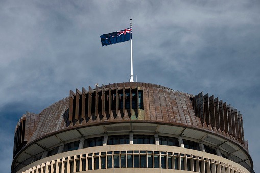 Wellington, New Zealand - 23 October, 2020: Exterior view of Beehive, the parliament building of New Zealand.