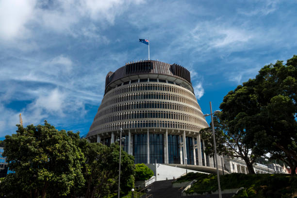 Beehive, Parliament Building of New Zealand in Wellington Wellington, New Zealand - 23 October, 2020: Exterior view of Beehive, the parliament building of New Zealand. beehive new zealand stock pictures, royalty-free photos & images