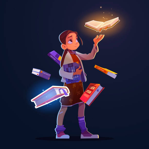 illustrations, cliparts, dessins animés et icônes de fille avec des livres volants avec une lueur magique - sch