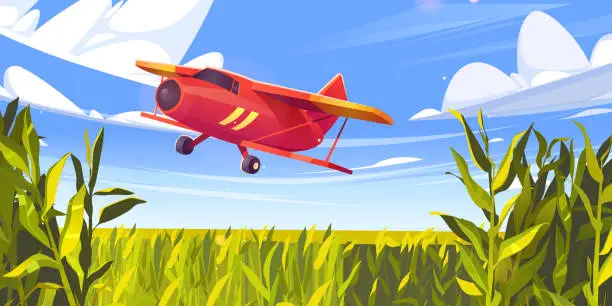 Vector illustration of Crop duster plane flying over green corn field