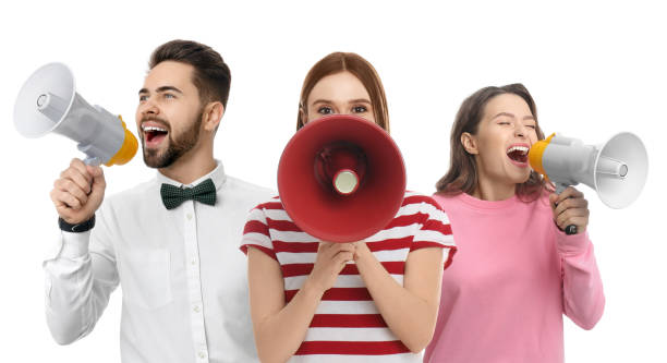 istock People with megaphones on white background. Banner design 1339991288