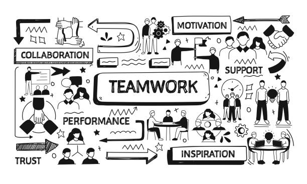 ilustrações de stock, clip art, desenhos animados e ícones de teamwork related doodle illustration. modern design vector illustration for web banner, website header etc. - business meeting teamwork business team