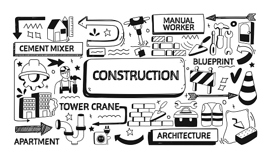 Construction Related Doodle Illustration. Modern Design Vector Illustration for Web Banner, Website Header etc.
