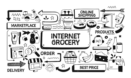 Internet Grocery Related Doodle Illustration. Modern Design Vector Illustration for Web Banner, Website Header etc.