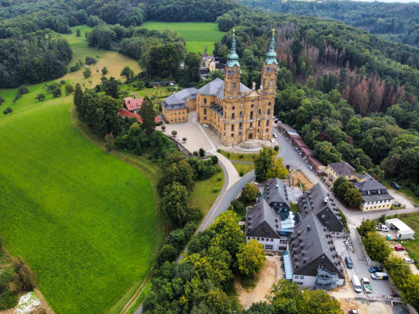 Aerial view of the Vierzehnheiligen monastery with basilica Aerial view of the Vierzehnheiligen monastery with basilica bad staffelstein stock pictures, royalty-free photos & images